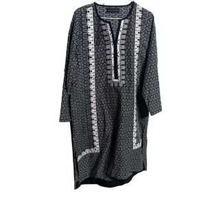 Cotten Black & White Patterned Midi Dress with Embroidered Trim
